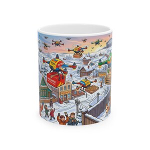 Livraison par drone #8 International Winter Town en céramique blanche | Tasse Village enneigé des Fêtes (11 oz, 15 oz)
