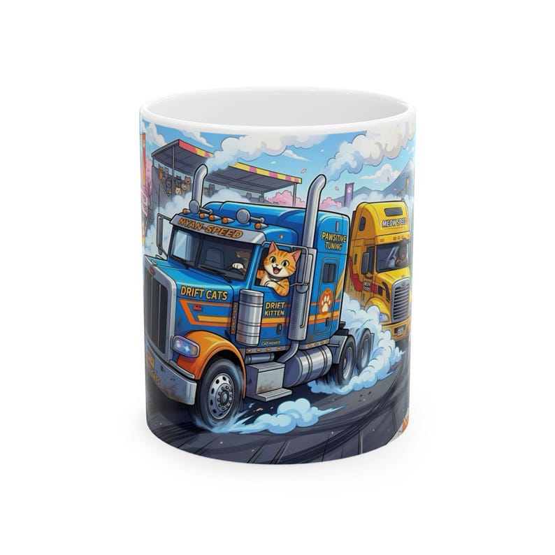 Meow Speed Drifting Cat Truck Convoy White Ceramic Mug | Beautiful Big Rig Bobtail Semis Ripping Tracks Cup (11 oz, 15 oz) image 1