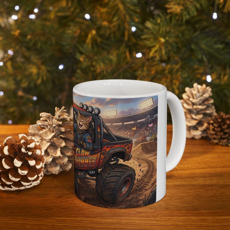 Monster Truck Cat Driver White Ceramic Mug | Claw Hammer 4x4 Lifted Ride Cup (11 oz, 15 oz) image 16