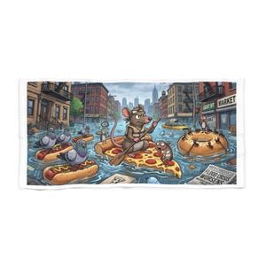 Puede incluir: Una toalla de playa rectangular con una ilustración de dibujos animados de una rata remando sobre una porción de pizza en una calle inundada. Palomas sobre perritos calientes, hormigas en un bagel y un periódico con el titular FLOOD CRISIS WORSENS.