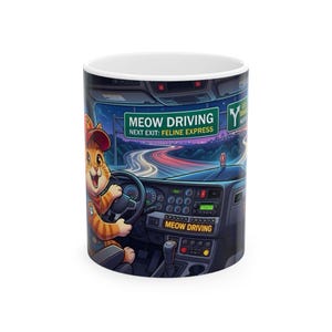 Meow Driving Cat Truck Driver White Ceramic mug | Feline Express Heavy Hauler Big Rig Cup (11 oz, 15 oz) image 2