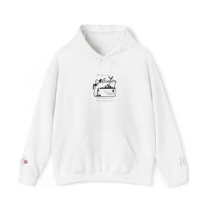 May include: White hooded sweatshirt with a front pocket and a drawstring hood. The front features a black graphic of the state of Oregon with text. The left sleeve has a small graphic. The right sleeve has text. A casual, comfortable garment.
