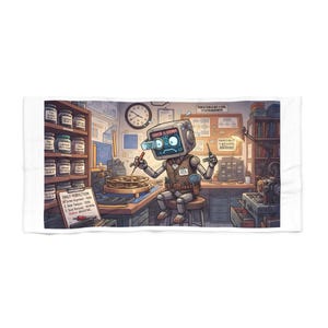 May include: A rectangular beach towel featuring a robot wearing a vest and bowtie, working on a clock mechanism. The robot's screen displays ERROR 0.001MM. A clipboard reads DAILY PERFECTION with a checklist. The background shows shelves of jars.