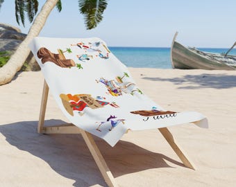Toalla de playa personalizable con diseño de gaviota tropical, diseño divertido de aves marinas pescando, toalla con paisaje de gaviota, regalo para vacaciones en la costa, manta de playa