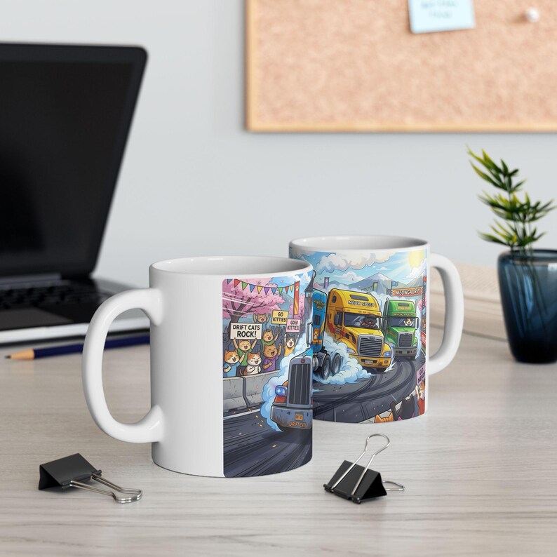 Meow Speed Drifting Cat Truck Convoy White Ceramic Mug | Beautiful Big Rig Bobtail Semis Ripping Tracks Cup (11 oz, 15 oz) image 11