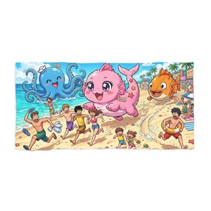 Uroczy ręcznik plażowy z motywem anime "Sea Creatures Parade" | Świąteczny ręcznik piknikowy nasłoneczniony