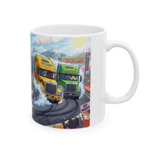 Meow Speed Drifting Cat Truck Convoy White Ceramic Mug | Beautiful Big Rig Bobtail Semis Ripping Tracks Cup (11 oz, 15 oz) image 2