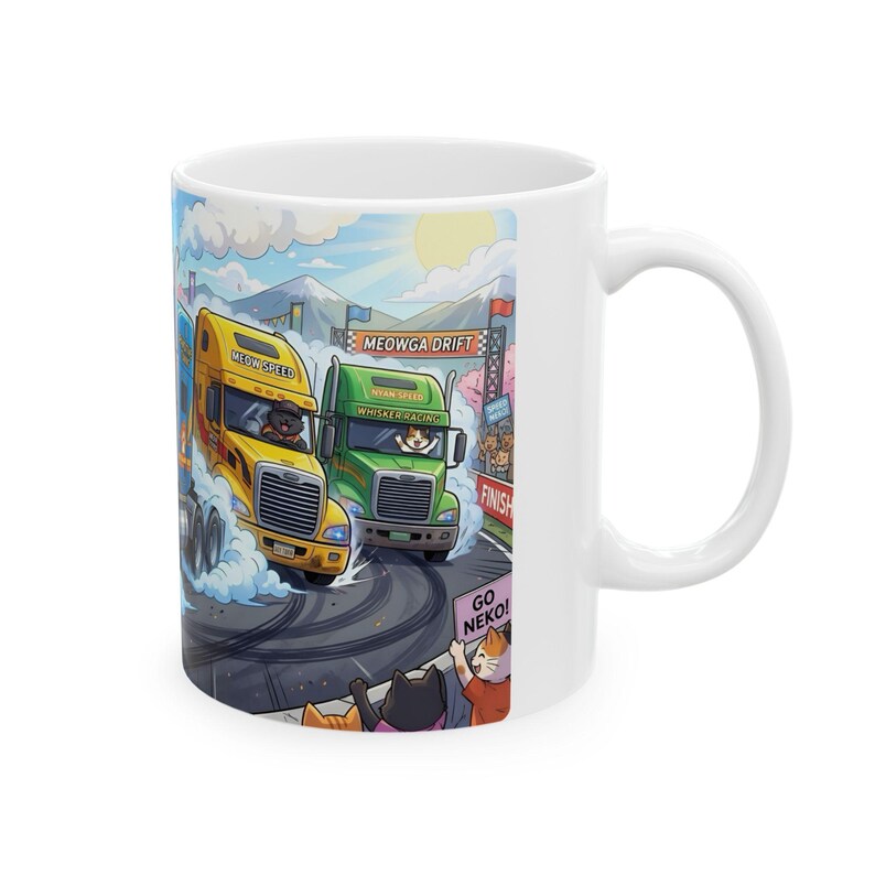 Meow Speed Drifting Cat Truck Convoy White Ceramic Mug | Beautiful Big Rig Bobtail Semis Ripping Tracks Cup (11 oz, 15 oz) image 2