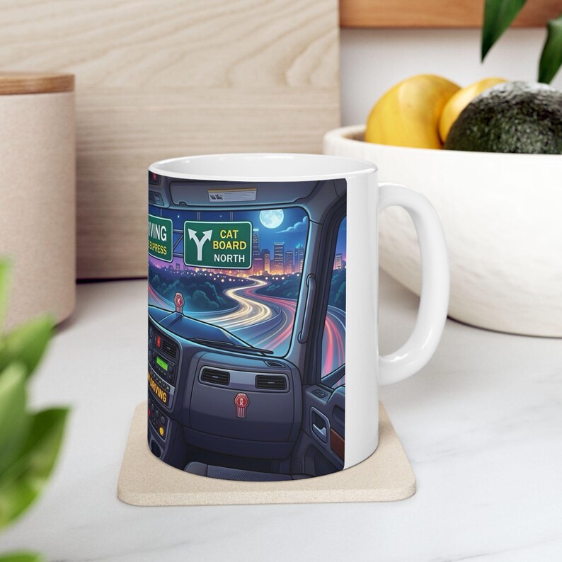 Meow Driving Cat Truck Driver White Ceramic mug | Feline Express Heavy Hauler Big Rig Cup (11 oz, 15 oz) image 15