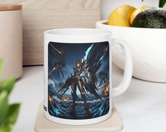 Sentience Rising MEK-EVA14X26 Prototype White Ceramic Mug | Sci-Fi NeoSentinel Uprising