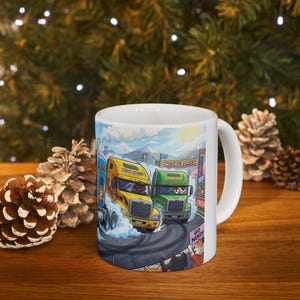 Meow Speed Drifting Cat Truck Convoy White Ceramic Mug | Beautiful Big Rig Bobtail Semis Ripping Tracks Cup (11 oz, 15 oz) image 15