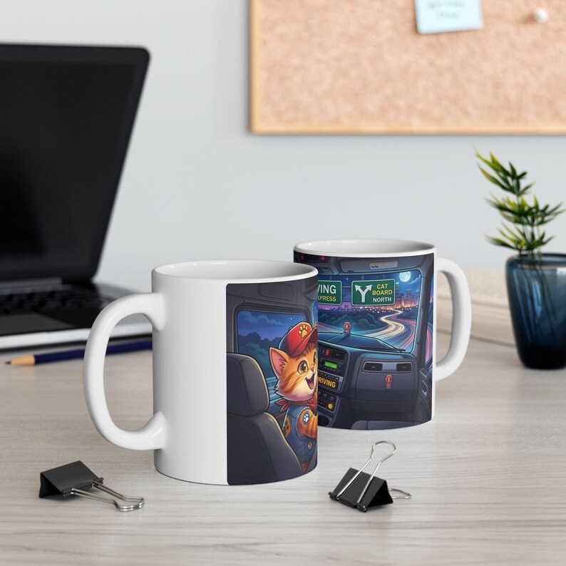 Meow Driving Cat Truck Driver White Ceramic mug | Feline Express Heavy Hauler Big Rig Cup (11 oz, 15 oz) image 13