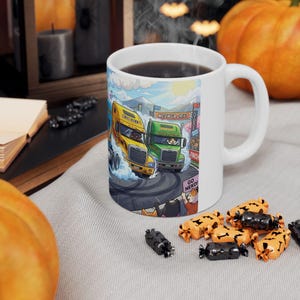 Meow Speed Drifting Cat Truck Convoy White Ceramic Mug | Beautiful Big Rig Bobtail Semis Ripping Tracks Cup (11 oz, 15 oz) image 12