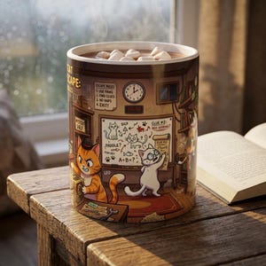 May include: A ceramic mug filled with marshmallows, featuring a colorful cartoon illustration of cats in an escape room. The design includes text such as "ESCAPE RULES," "USE PAWS," "FIND CLUES," "NO NAPS," "EXIT," "MYSTERY SHELF," "CLUE #2: RED HERRING," and "PADDLE?"
