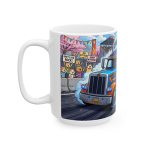 Meow Speed Drifting Cat Truck Convoy White Ceramic Mug | Beautiful Big Rig Bobtail Semis Ripping Tracks Cup (11 oz, 15 oz) image 6