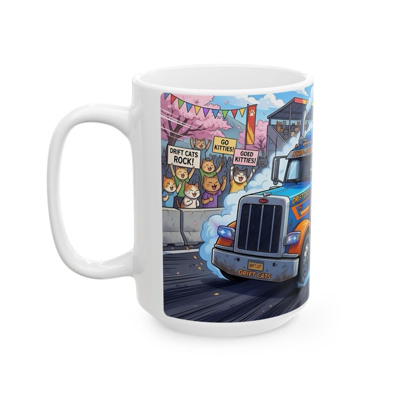 Meow Speed Drifting Cat Truck Convoy White Ceramic Mug | Beautiful Big Rig Bobtail Semis Ripping Tracks Cup (11 oz, 15 oz) image 6