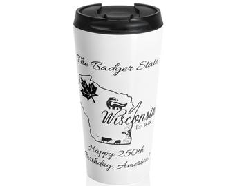Tazza da viaggio Wisconsin, regalo per il 250° compleanno degli Stati Uniti, fiaschetta personalizzata in acciaio inossidabile, soprannome dello stato del Wisconsin, traguardo americano, bicchieri personalizzati
