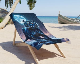 Black Tiger 2 strandlaken, gepersonaliseerd tijgerontwerp, wintermaanlichtlandschap, vakantiehanddoek, zomerhanddoek, cadeau voor natuurliefhebbers