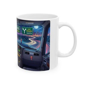 Meow Driving Cat Truck Driver White Ceramic mug | Feline Express Heavy Hauler Big Rig Cup (11 oz, 15 oz) image 5