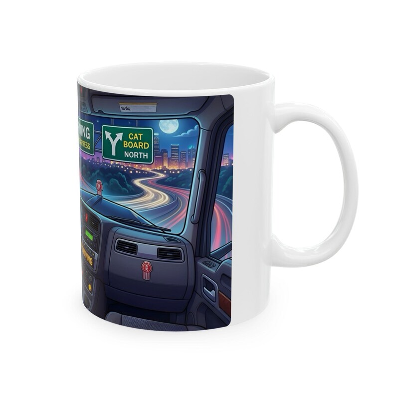 Meow Driving Cat Truck Driver White Ceramic mug | Feline Express Heavy Hauler Big Rig Cup (11 oz, 15 oz) image 5