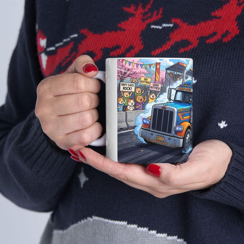 Meow Speed Drifting Cat Truck Convoy White Ceramic Mug | Beautiful Big Rig Bobtail Semis Ripping Tracks Cup (11 oz, 15 oz) image 17