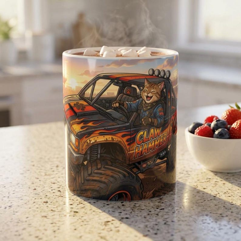 Monster Truck Cat Driver White Ceramic Mug | Claw Hammer 4x4 Lifted Ride Cup (11 oz, 15 oz) image 1
