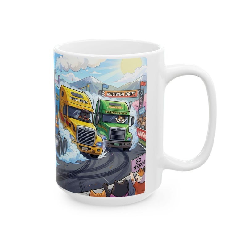 Meow Speed Drifting Cat Truck Convoy White Ceramic Mug | Beautiful Big Rig Bobtail Semis Ripping Tracks Cup (11 oz, 15 oz) image 3