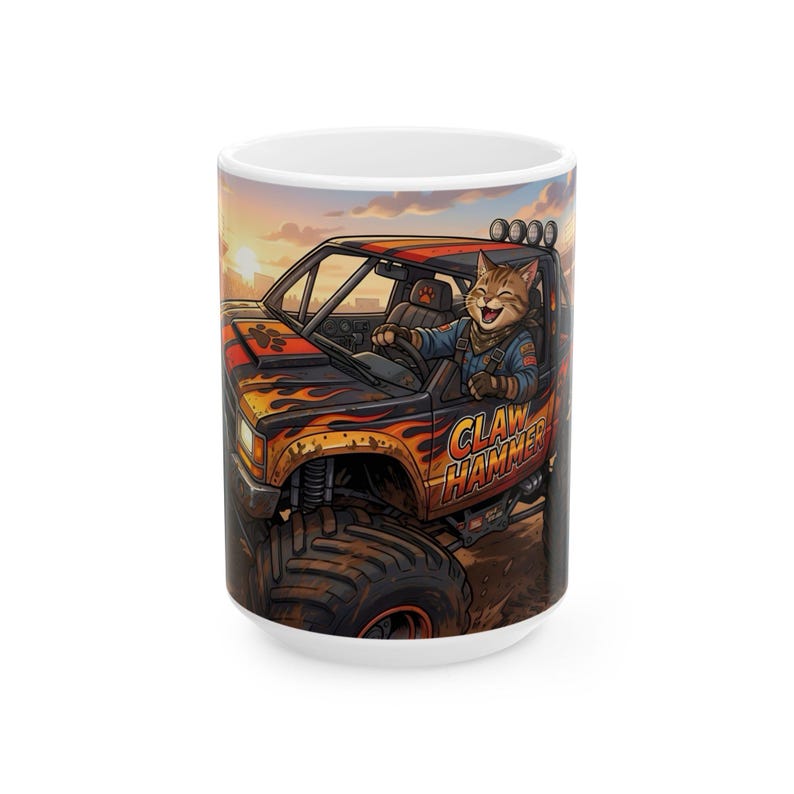 Monster Truck Cat Driver White Ceramic Mug | Claw Hammer 4x4 Lifted Ride Cup (11 oz, 15 oz) image 5