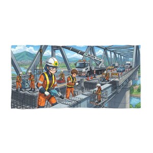 May include: An anime-style illustration of construction workers in orange safety gear and white hard hats repairing a steel bridge. A white Komatsu crane truck is parked on the bridge deck, while workers operate jackhammers and tools.