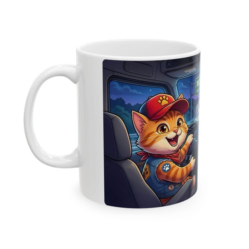 Meow Driving Cat Truck Driver White Ceramic mug | Feline Express Heavy Hauler Big Rig Cup (11 oz, 15 oz) image 7