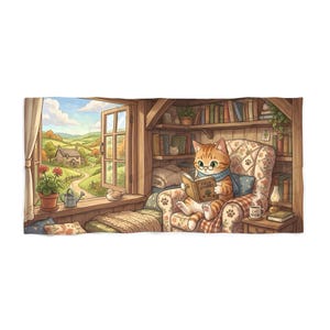 Cozy Reading Cat Vacation Beach Pool Bath Towel | Cat Brew Cottage Window Book Nook Picnic Lounge Towel