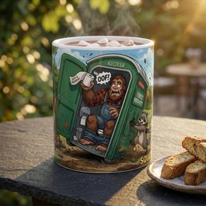 Puede incluir: Una taza de cerámica blanca con una ilustración de dibujos animados de un Bigfoot marrón sentado en un baño portátil verde con el texto OOF! y SOFT & SQUISHY. Un mapache está de pie junto a la puerta abierta y la taza contiene una bebida caliente.