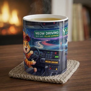 Meow Driving Cat Truck Driver White Ceramic mug | Feline Express Heavy Hauler Big Rig Cup (11 oz, 15 oz) image 1