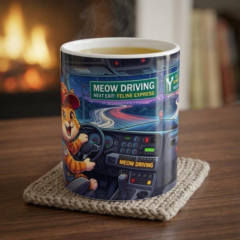 Meow Driving Cat Truck Driver White Ceramic mug | Feline Express Heavy Hauler Big Rig Cup (11 oz, 15 oz) image 1