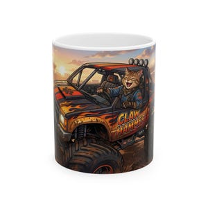Monster Truck Cat Driver White Ceramic Mug | Claw Hammer 4x4 Lifted Ride Cup (11 oz, 15 oz) image 4