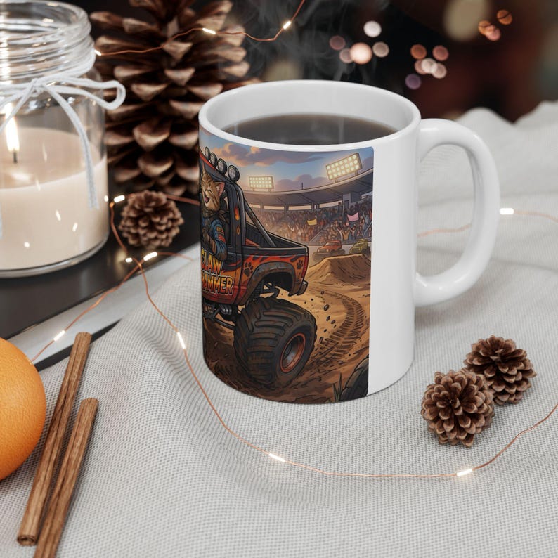 Monster Truck Cat Driver White Ceramic Mug | Claw Hammer 4x4 Lifted Ride Cup (11 oz, 15 oz) image 10