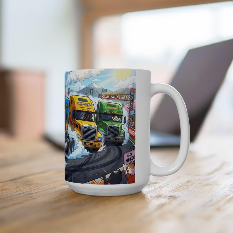 Meow Speed Drifting Cat Truck Convoy White Ceramic Mug | Beautiful Big Rig Bobtail Semis Ripping Tracks Cup (11 oz, 15 oz) image 10