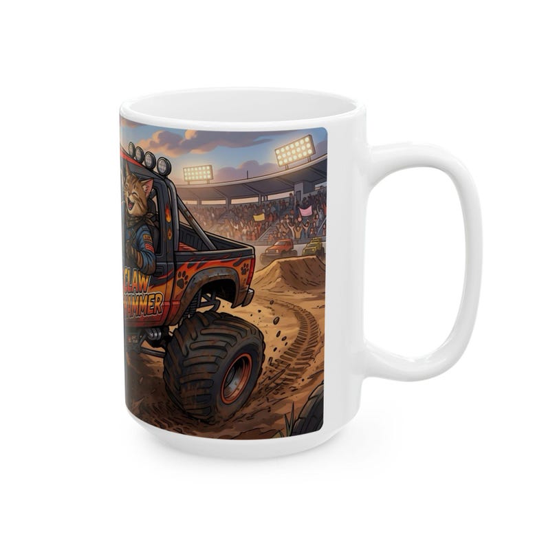 Monster Truck Cat Driver White Ceramic Mug | Claw Hammer 4x4 Lifted Ride Cup (11 oz, 15 oz) image 3