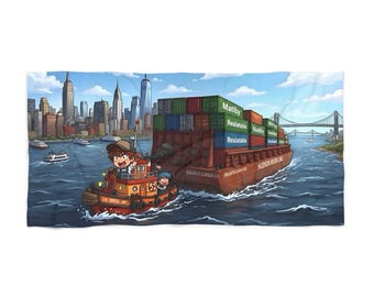 Serviette de plage/piscine/baignoire Lil' Chug Remorqueur tirant une lourde barge Goliath | Serviette de plage/piscine emblématique représentant un puissant remorqueur new-yorkais dans une scène nautique portuaire et de pique-nique