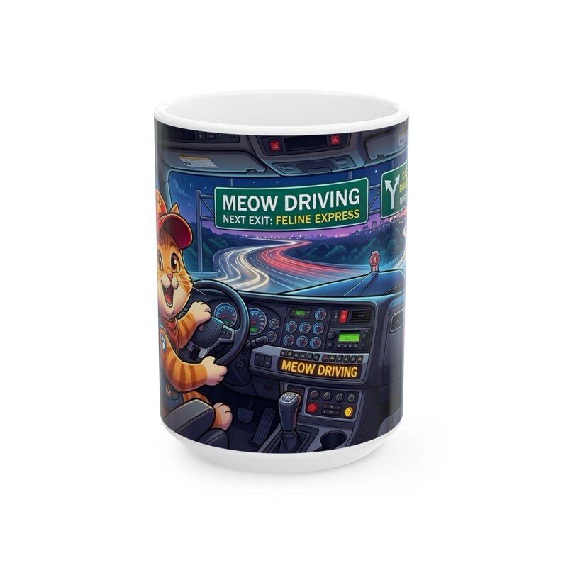 Meow Driving Cat Truck Driver White Ceramic mug | Feline Express Heavy Hauler Big Rig Cup (11 oz, 15 oz) image 3
