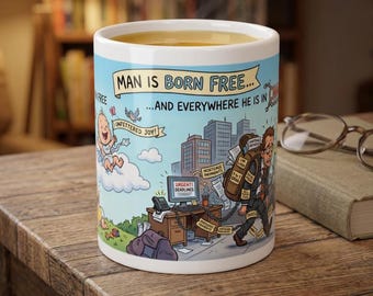 Man is Born Free White Ceramic Mug (11 oz, 15 oz) | Liberty vs Society, Chains Everywhere Cup