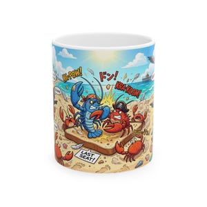 May include: A white ceramic mug featuring a colorful cartoon illustration of blue and red crabs fighting on a slice of bread on a sandy beach. The design includes comic-style text bubbles with phrases like KA-POW, KRA-KOOM, and LAST SEAT.