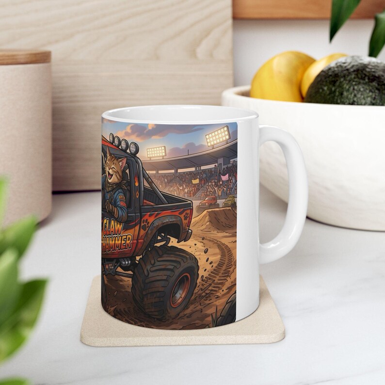 Monster Truck Cat Driver White Ceramic Mug | Claw Hammer 4x4 Lifted Ride Cup (11 oz, 15 oz) image 14