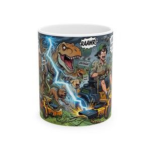 May include: A white ceramic mug featuring a colorful comic-style illustration of a person riding a yellow Grass Buster lawn mower, surrounded by a T-Rex, snakes, a dog, and bees, with lightning bolts and text bubbles reading RAAWR and RRAAGH.