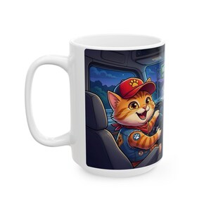 Meow Driving Cat Truck Driver White Ceramic mug | Feline Express Heavy Hauler Big Rig Cup (11 oz, 15 oz) image 8