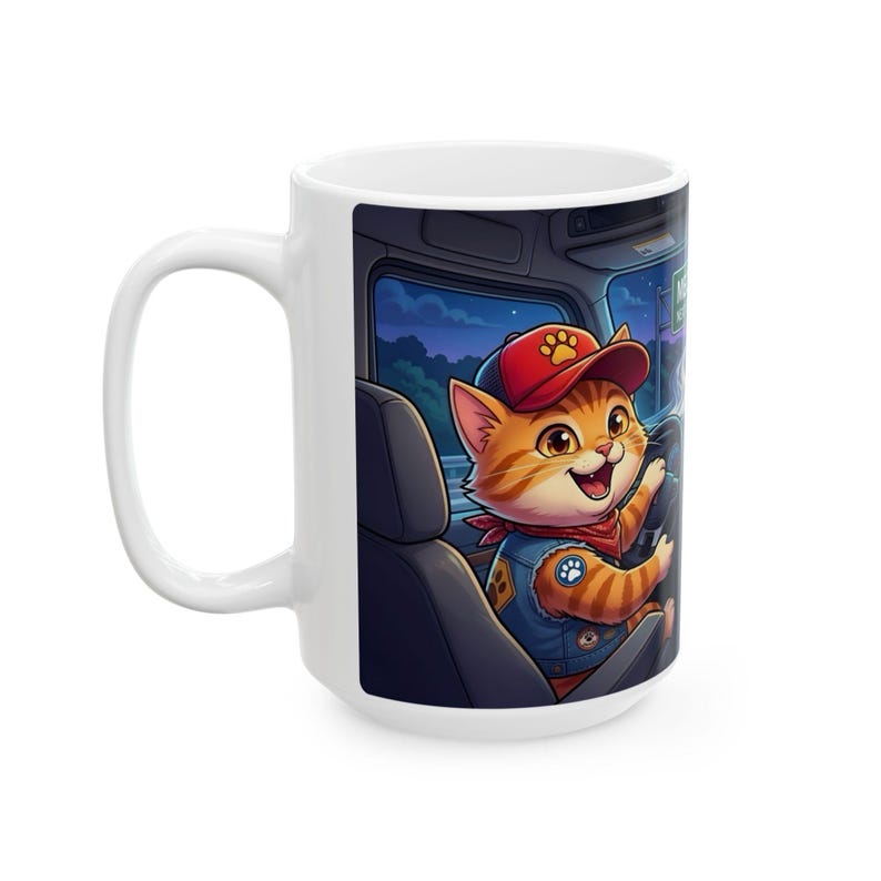 Meow Driving Cat Truck Driver White Ceramic mug | Feline Express Heavy Hauler Big Rig Cup (11 oz, 15 oz) image 8