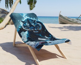 Strandlaken zwarte tijger, gepersonaliseerd tijgerontwerp, wintermaanlichtlandschap, vakantiehanddoek, zomerhanddoek, cadeau voor natuurliefhebbers