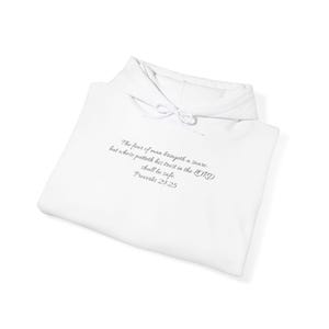 May include: A folded white hoodie with a drawstring hood. The front of the hoodie displays the text "The fear of man bringeth a snare but whose putteth his trust in the LORD shall be safe. Proverbs 29:25" in a script font.