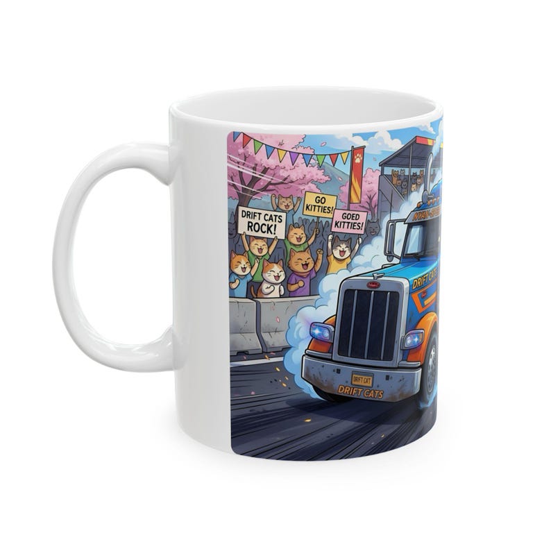 Meow Speed Drifting Cat Truck Convoy White Ceramic Mug | Beautiful Big Rig Bobtail Semis Ripping Tracks Cup (11 oz, 15 oz) image 5