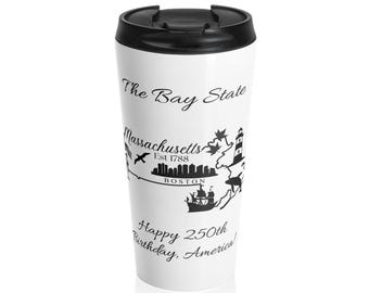 Tazza da viaggio Massachusetts, regalo per il 250° compleanno degli Stati Uniti, fiaschetta personalizzata in acciaio inossidabile, bicchiere con soprannome dello stato del Massachusetts, bicchieri personalizzati